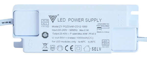 TRASFORMATORE per LED 40W, 1000mA, 25-40Vdc, IP20, adatto per 39.9P067040*