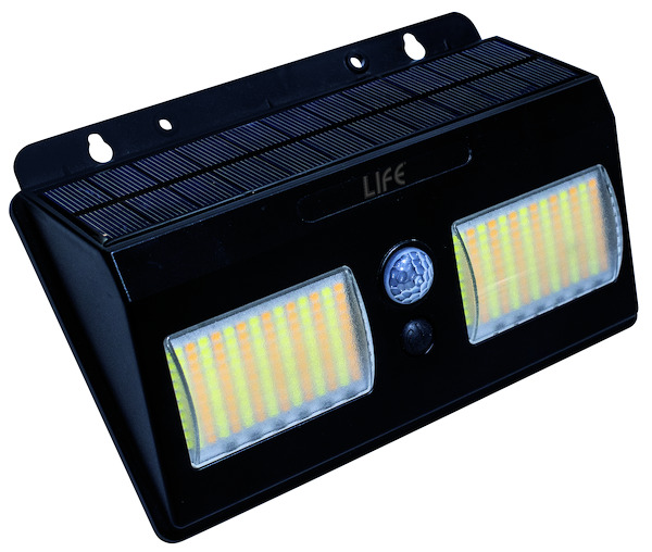 Punto Luce ad energia SOLARE, IP65, con sensore, 400lm, 3000K/4000K, P.Solare 1.2W, Batt. 3.7V 2.4Ah LI-ION, colore nero