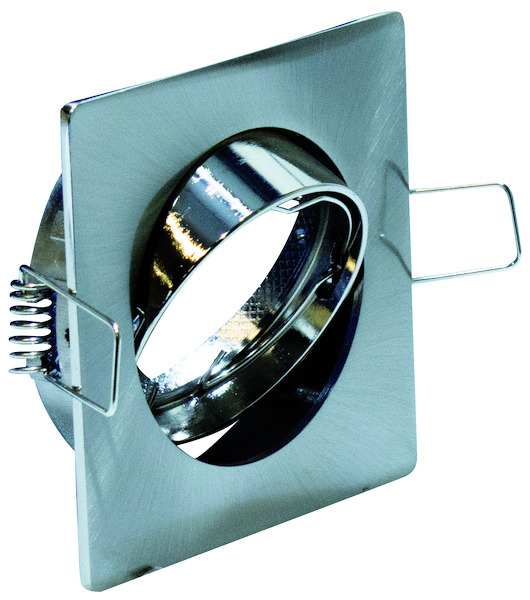 Supporto quadrato per lampade led MR16 e PAR16,colore acciaio satin,ghiera orientab.,84x84mm, F.75mm (portalampada non incluso)