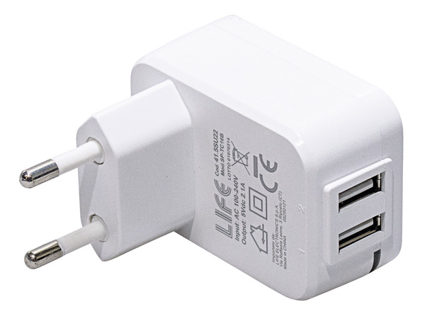 ALIMEN. SWITCH. 2 USB 2,1A 5V, 100/240Vac Colore BIANCO, PVC BOX ALIMEN. SWITCH. 2 USB 2,1A 5V, 100/240Vac Colore BIANCO, PVC BOX