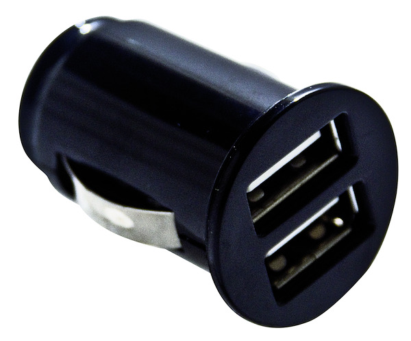 Alimentatore da auto con 2 porte USB 5V 2,1A max (tipo mini), 12-24Vcc, colore NERO, in blister