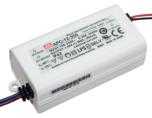 Aliment. corrente costante 350mA,9-36V,12,6W,77x40x29mm APC-12-350 MEAN WELL Aliment. corrente costante 350mA,9-36V,12,6W,77x40x29mm APC-12-350 MEAN WELL