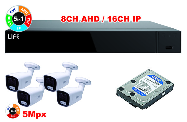 KIT XVR 8CH + HDD1TB + 4 Telecamere 5Mpx 1/3" CMOS (75.AHD7008V2+82.HDD1000S+75.AS80237U3Wx4)