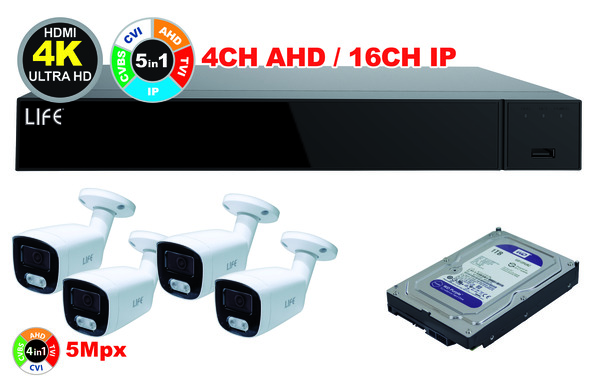 KIT XVR 4CH + HDD1TB Purple + 4Telecamere 5Mpx 1/3.0" CMOS (75.AHD7104V2+82.HDP1000+75.AS80237U3Wx4)