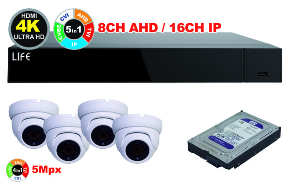 KIT XVR 8CH + HDD1TB Purple + 4Telecamere 5Mpx 1/2.5" CMOS (75.AHD7108V2+82.HDP1000+75.AS50227U3Wx4)