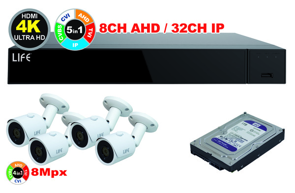 KIT XVR 8CH+HDD1TB +4 Telecamere 8Mpx CMOS 1/2.8"Sony(75.AHD7108V2+82.HDP1000+4x75.AT80225U2W)