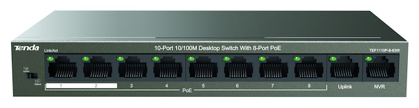 SWITCH PoE 10 Porte TEF1110P-8-63W 10/100Mbps (8 Porte POE 63W max+1 Porta Uplink+1 Porta NVR) TENDA