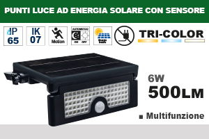 Punto Luce ad energia SOLARE, IP65, Multifunzione con sensore, 500LM, TRICOLOR