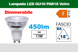 LAMPADA LED PAR16 Vetro DIMMERABILE, GU10, 5W, BA15°