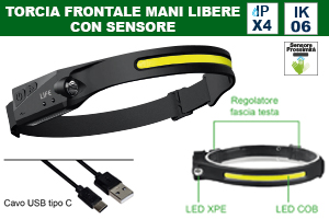 TORCIA FRONTALE FASCIA TESTA MANI LIBERE, BAT.RICARICABILE