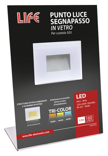ESPOSITORE LIFE DA BANCO PER PUNTO LUCE IN VETRO DA INCASSO SU SCATOLA 503 39.9PL5003WCFN ESPOSITORE LIFE DA BANCO PER PUNTO LUCE IN VETRO DA INCASSO SU SCATOLA 503 39.9PL5003WCFN