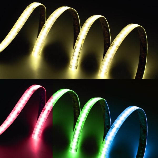 Striscia RGB+Bianco Naturale , LED COB 560chips, IP65H, 24V,  R+G+B+W=15W/m , 4000K 556lm/m R:6W G:6W B:6W W:6,4W/m, PREZZO per 5m  - PCB 12mm