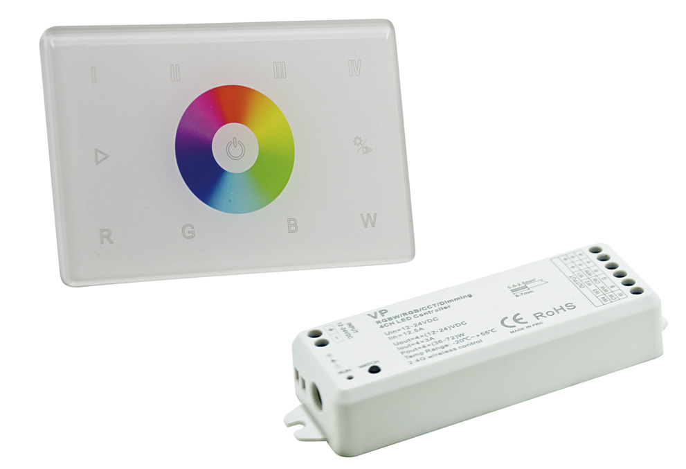 KIT Controller RGBW, Pannello da parete 4 Zone RF2,4GHz con ricevitore 4CH*3A 12V(144W)/24V(288W)