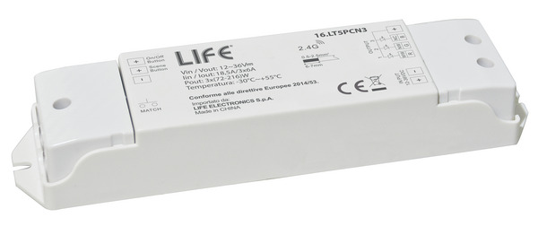 Ricevitore RGB/CCT/Dimmer da RF2,4GHz a 3CH*6A 12V(216W)/24V(432W) con pulsante cablato LIFE512