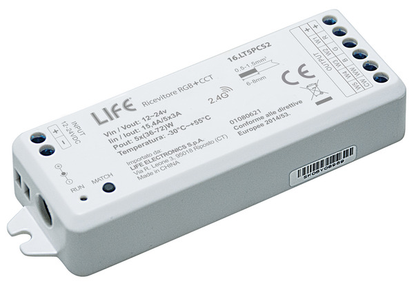 Ricevitore RGB+CCT Bianco Dinamico/Dimmer monocolore da RF2,4GHz a 5CH*3A 12V(180W)/24V(360W)LIFE512