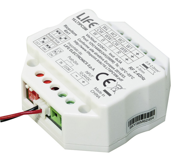 Ricevitore RGBW/RGB/CCT/Dimmer monocolore da RF2,4GHz a 4CH*3A 12V(144W)/24V(288W) LIFE512 con pulsante cablato
