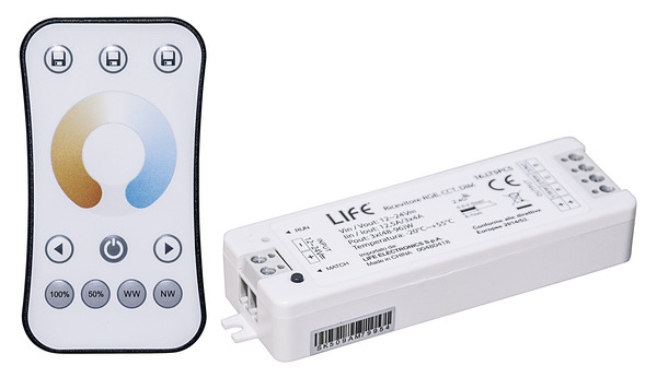 KIT Controller TRICOLOR CCT Bianco Dinamico, Radiocomando 1 zona con Ricevitore RF2,4GHz 2CH*4A 12V(96W)/24V(192W)