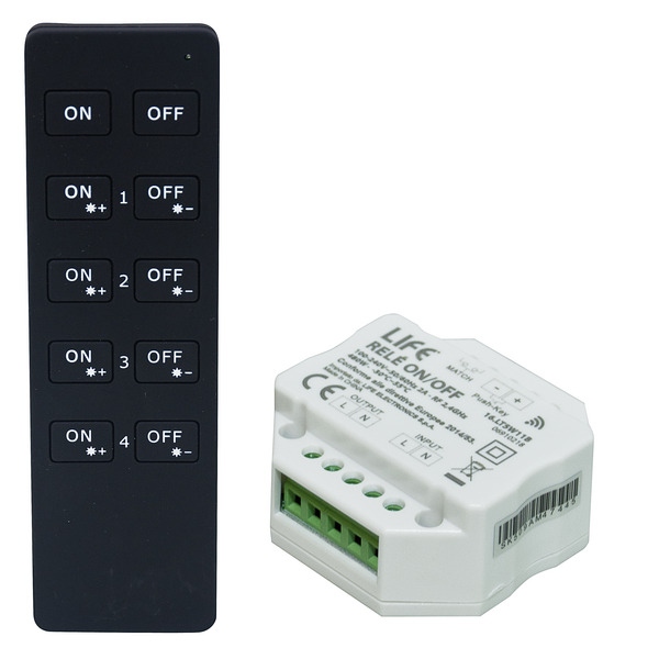 KIT ON/OFF Relè 220V~, Radiocomando 4 Zone RF2,4Ghz con ricevitore 1CH*480W, con pulsante cablato KIT ON/OFF Relè 220V~, Radiocomando 4 Zone RF2,4Ghz con ricevitore 1CH*480W, con pulsante cablato