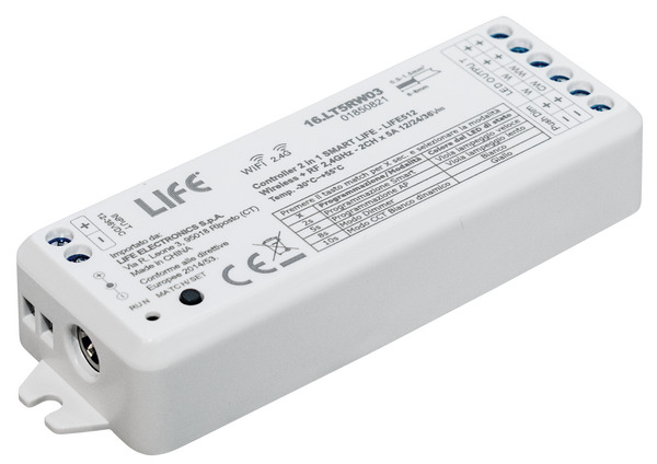 Controller 2in1 LIFE512-SmartLIFE Android/iOS Wireless2,4GHz 2CHx5A ON/OFF,DIM,CCT con Tasto Cablato Controller 2in1 LIFE512-SmartLIFE Android/iOS Wireless2,4GHz 2CHx5A ON/OFF,DIM,CCT con Tasto Cablato