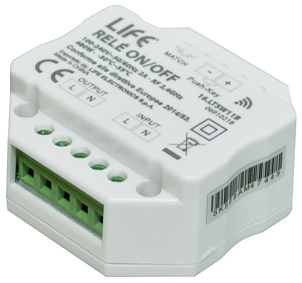 Ricevitore ON/OFF relè da RF2,4GHz a 1CH*480W 100-240V~, con pulsante cablato, 52x52x26mm LIFE512 Ricevitore ON/OFF relè da RF2,4GHz a 1CH*480W 100-240V~, con pulsante cablato, 52x52x26mm LIFE512