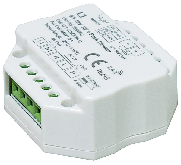 Ricevitore Dimmer 0-10V + ON/OFF relè 220Vac 330W, da RF2,4GHz a 1CH, con pulsante cablato, LIFE512 Ricevitore Dimmer 0-10V + ON/OFF relè 220Vac 330W, da RF2,4GHz a 1CH, con pulsante cablato, LIFE512