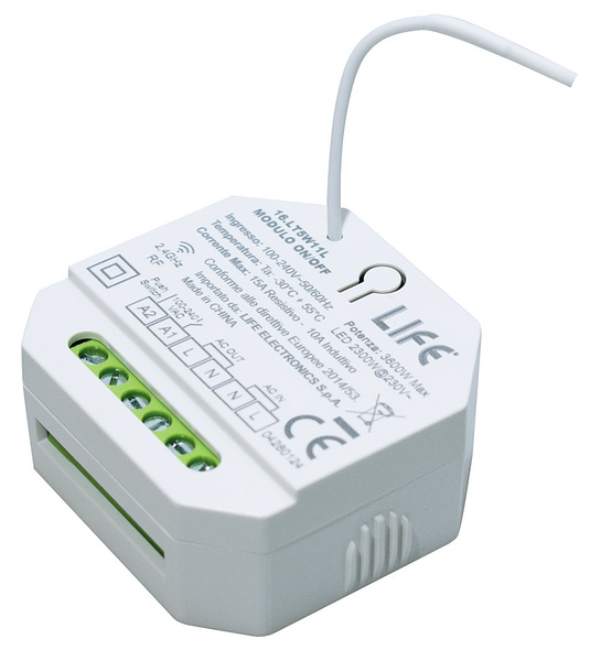 Modulo 1CH Relè ON/OFF uscita 230V~, 2300W LED 3450W Incandescenza, RF 2,4GHz, pulsante cablato, In. 230V~, Serie LIFE512.