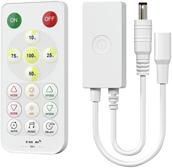 Dimmer per Strip LED Singolo colore con Telecomando RF 2,4Ghz + APP Bluetooth e Microfono integrato, 12/24Vdc 4A, con connettori DC 2,1x5,5mm