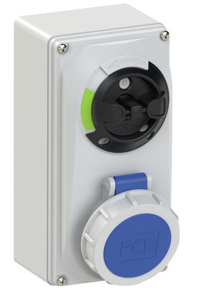PRESA CEE INDUSTRIALE IP66/IP67, 61132-6, CON INTERRUTTORE, INTERBLOCCATA, 16A 230V, 3 POLI, COLORE BLU, MONTAGGIO A PARETE