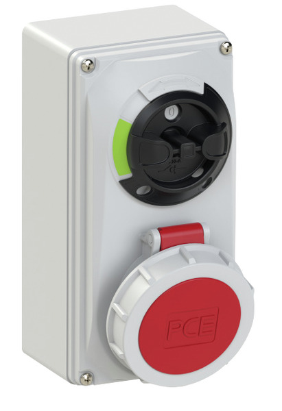 PRESA CEE INDUSTRIALE IP66/IP67, 61142-6, CON INTERRUTTORE, INTERBLOCCATA, 32A 400V, 4 POLI, COLORE ROSSO, MONTAGGIO A PARETE