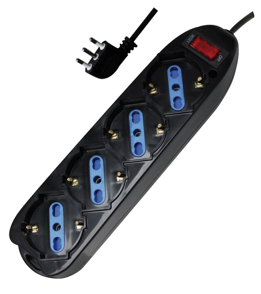 MULTIPRESA 4PR. SCHUKO/BIPASSO - SP.16A 90° + INTER. con Protezione da Sovraccarico, 3500W, NERA