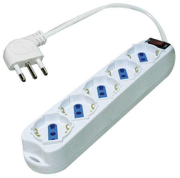 MULTIPRESA 5PR. SCHUKO/BIPASSO - SP.16A 90° + INTER. con Protezione da Sovraccarico, 3500W