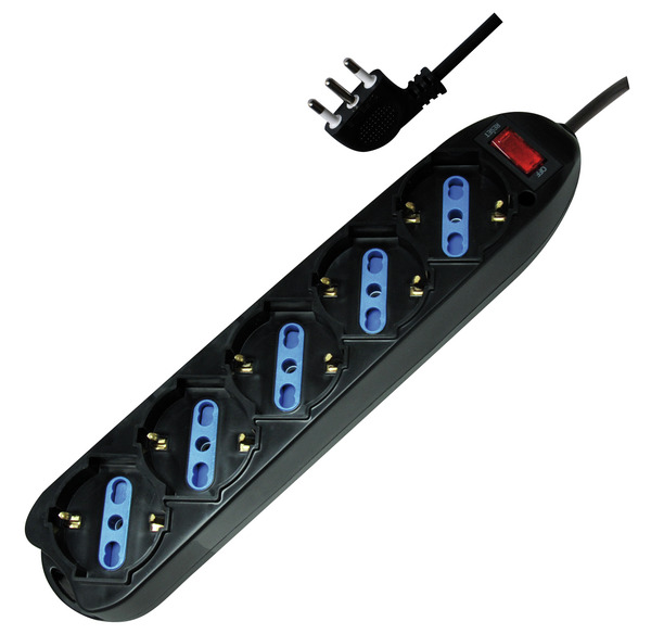 MULTIPRESA 5PR. SCHUKO/BIPASSO - SP.16A 90° + INTER. con Protezione da Sovraccarico, 3500W, NERA