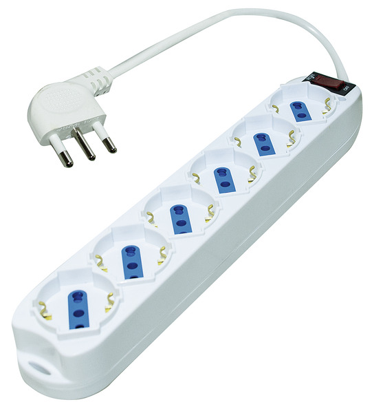 MULTIPRESA 6PR. SCHUKO/BIPASSO - SP.16A  90° + INTER. con Protezione da Sovraccarico, 3500W