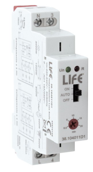 Temporizzatore Luce Scale impostabili tramite selettore, Regolabile 0,5-20 Minuti, uscita relè 16A 250V.