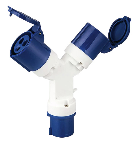 Moltiplicatore CEE Industriale  IP44, 16A 200-250V, 3 POLI, 1 Spina - 2 Prese,  COLORE BLU