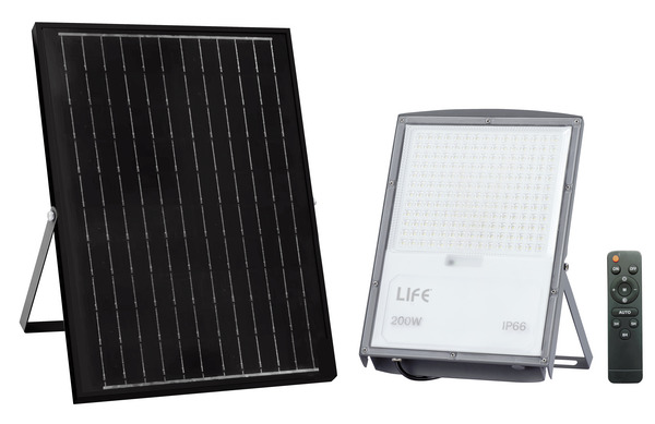 PROIETTORE LED FB4-200, IP66, 90°,3000K/4000K/6500K, LM2400, CRI80, Dimmerabile,P.Solare 20W, Batt.3,2V 18Ah, 350x245x30mm