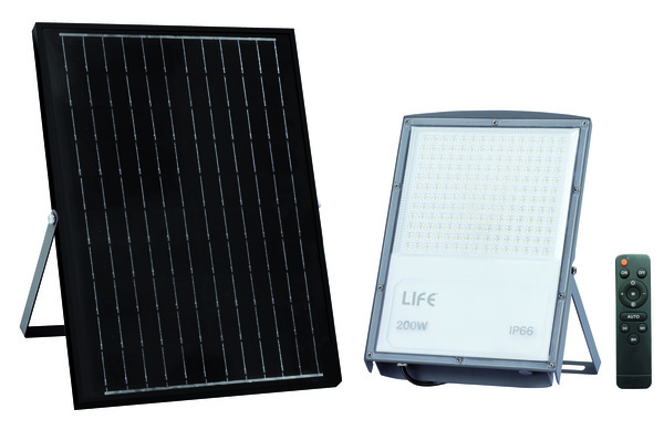 PROIETTORE LED FB4-200 CON SENSORE, IP66, 90°,3000K/4000K/6500K, LM2400, CRI80, Dimmerabile,P.Solare 20W, Batt.3,2V 18Ah, 350x245x30mm