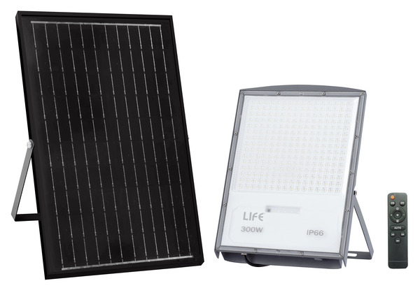 PROIETTORE LED FB4-300, IP66, 90°,3000K/4000K/6500K, LM3400, CRI80, Dimmerabile,P.Solare 20W, Batt.3,2V 24Ah, 380x280x35mm