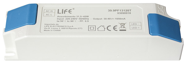 TRASFORMATORE per LED 42W, 1050mA, 30-40Vdc, IP20, adatto per 39.9PF13120* TRASFORMATORE per LED 42W, 1050mA, 30-40Vdc, IP20, adatto per 39.9PF13120*