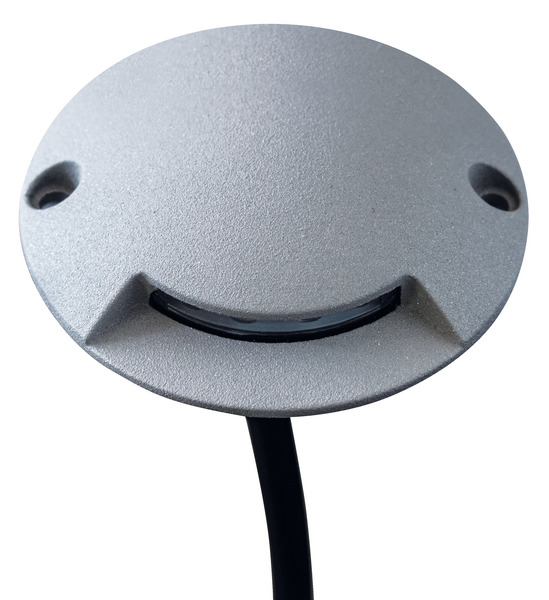 PUNTO LUCE SEGNA PASSO LUCE LATERALE A 1 FORO, IP65, IK04, 12Vdc 0,5W, 3000K, 15lm, D70 H15mm, Alluminio verniciato Grigio