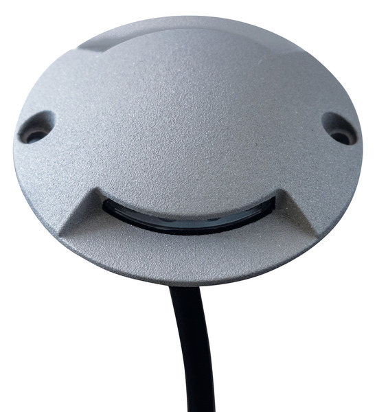 PUNTO LUCE SEGNA PASSO LUCE LATERALE A 2 FORI, IP65, IK04, 12Vdc 1,0W, 3000K, 25lm, D70 H15mm, Alluminio verniciato Grigio