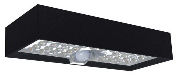 APPLIQUE Rettangolare ad energia SOLARE, IP65, Multifunzione con sensore, 900LM, 3000K, CRI70, P.Solare 2.8W, Batt. 3.7V 3.0Ah LI-ION, 230x97x43mm, colore Nero
