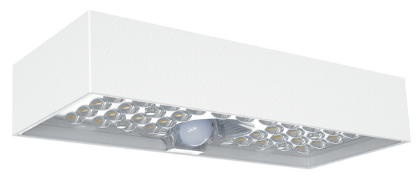 APPLIQUE Rettangolare ad energia SOLARE, IP65, Multifunzione con sensore, 900LM, 3000K, CRI70, P.Solare 2.8W, Batt. 3.7V 3.0Ah LI-ION, 230x97x43mm, colore Bianco