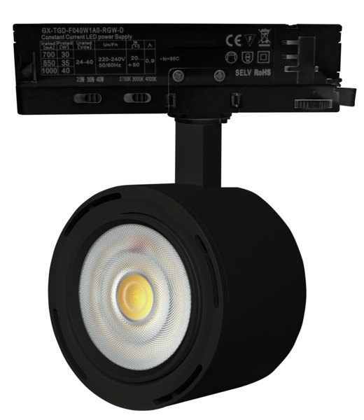 PROIETTORE LED COB PER BINARI, Multipower 30W-35W-40W, 24°-60°, 3000K/4000K/6500K, LM4100, CRI90, UGR<13, Colore Nero, 110x165x83mm