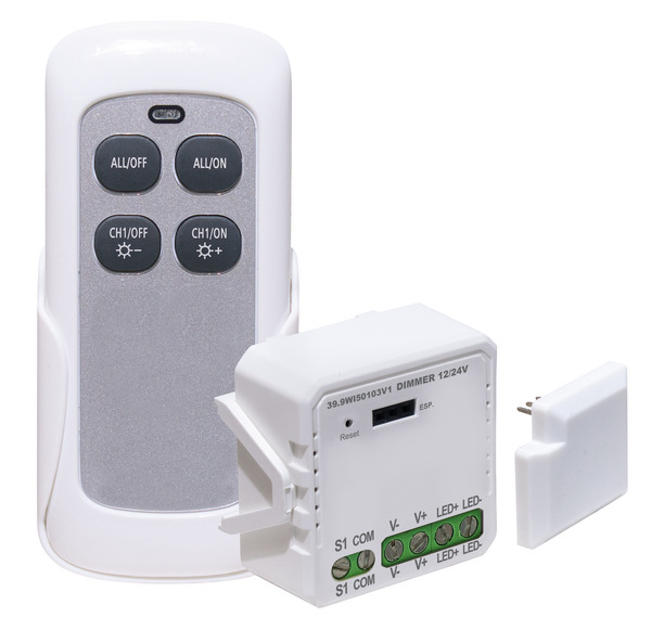 KIT Controller Dimmer 1CH 8A 96W@12V / 192W@24V + Ricevitore + Radiocomando, SmartLIFE Android/iOS Wireless2,4GHz con Tasto Cablato