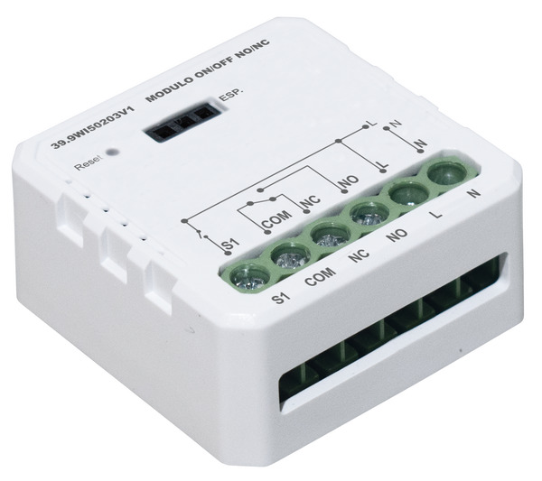 Modulo 1CH Relè ON/OFF uscita contatto pulito COM/NO/NC, 150W LED, 1125W Incandescenza, Wireless+RF 2,4GHz, pulsante/interruttore cablato, In. 230V~, Serie Smart LIFE V1.