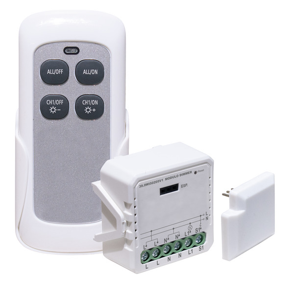 KIT Modulo 1CH Dimmer triac a taglio di fase uscita 230V~, 200W LED, Wireless+RF 2,4GHz, pulsante cablato, con ricevitore e radiocomando,  In. 230V~, Serie Smart LIFE V1.