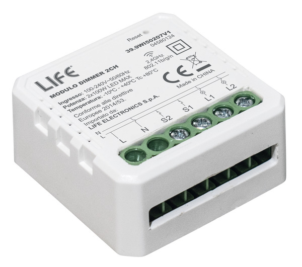 Modulo 2CH Dimmer/(ON)/OFF con pulsanti, SmartLIFE, Wireless 2,4GHz, 220V 50/60Hz LED 2x100W Modulo 2CH Dimmer/(ON)/OFF con pulsanti, SmartLIFE, Wireless 2,4GHz, 220V 50/60Hz LED 2x100W