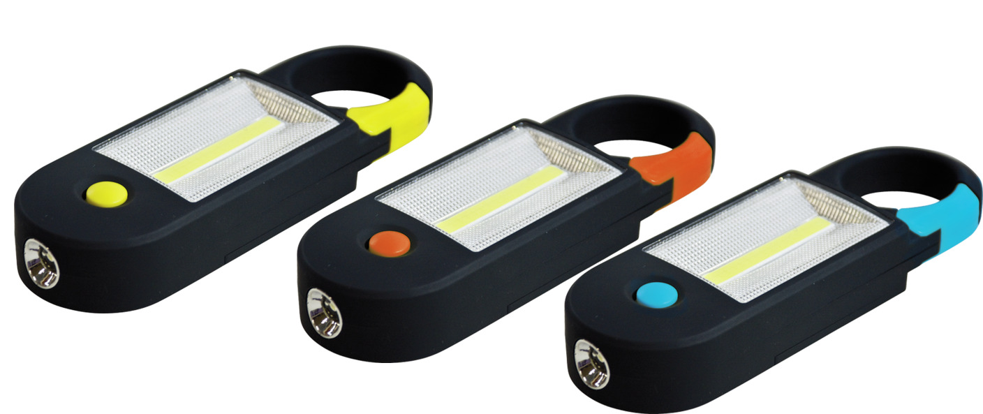Lampada da lavoro LED COB 3W+LED 1W, Batterie 3xAAA, 150x50x25mm, 12PCS/KIT Arancione,Giallo,Blu