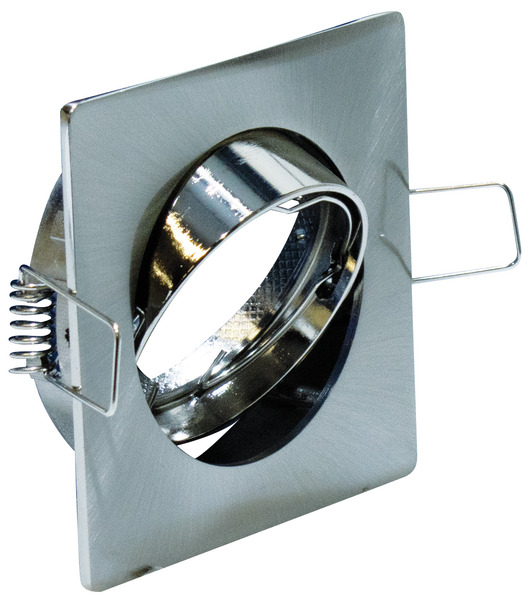 Supporto quadrato per lampade led MR16 e PAR16,colore acciaio satin,ghiera orientab.,84x84mm, F.75mm (portalampada non incluso)